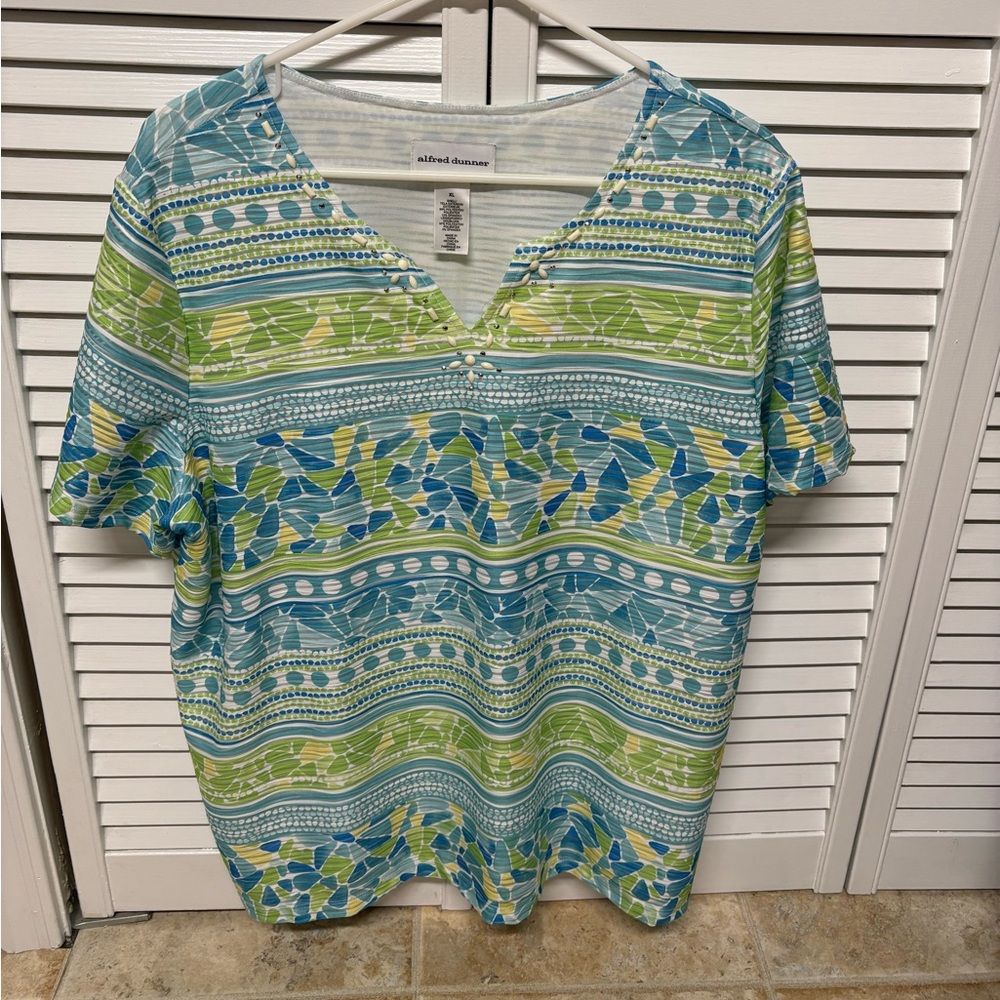 Alfred Dunner V-Neck Top with Blue and Green Design